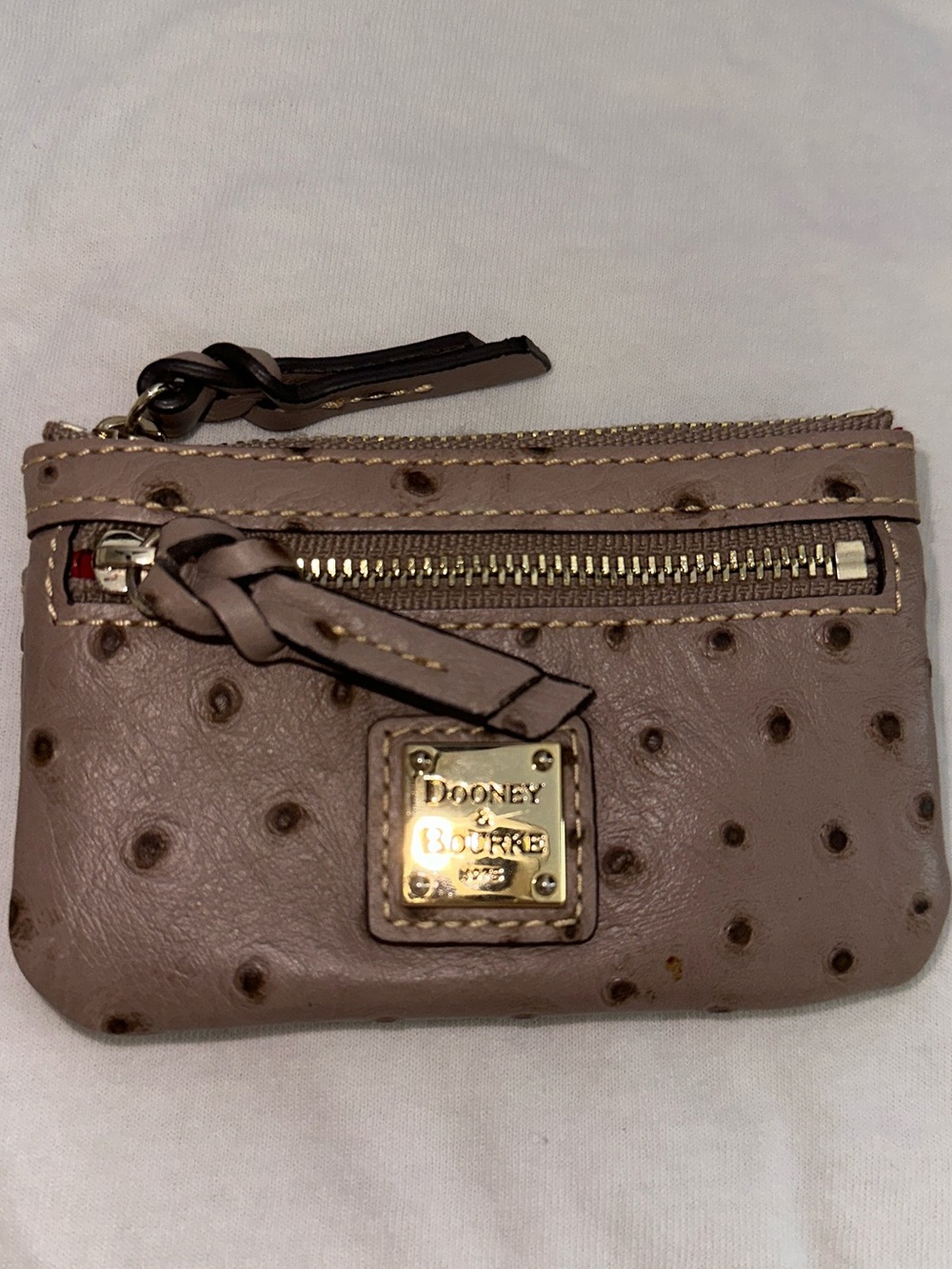 Dooney & Bourke Taupe Ostrich-Embossed Leather Coin Pouch with Gold Plaque